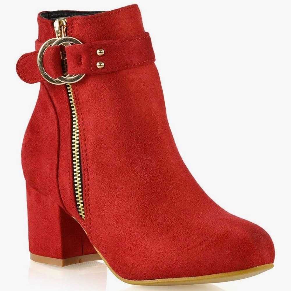 Women's Red Suede Ankle Boot with Gold Zip & Buckle
